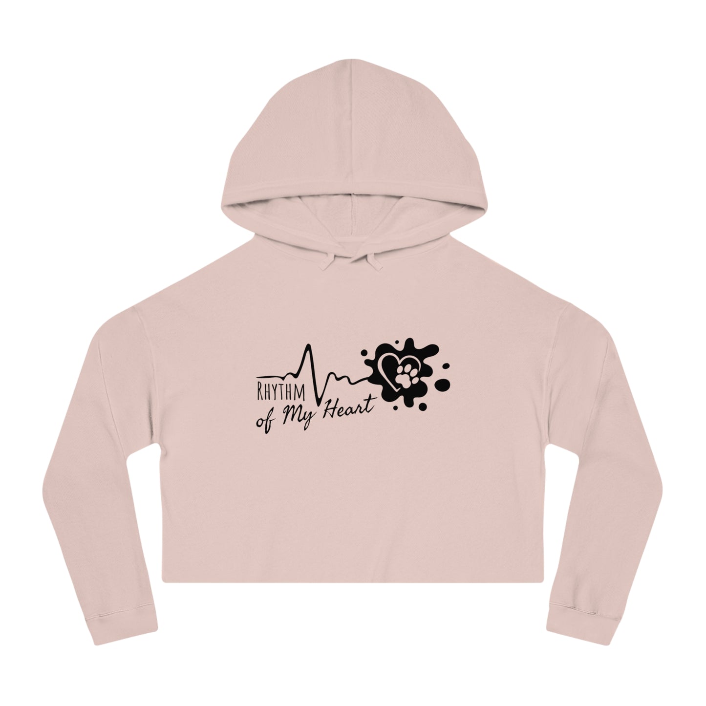 Pink cropped hoodie with 'Rhythm of My Heart' design on a white background