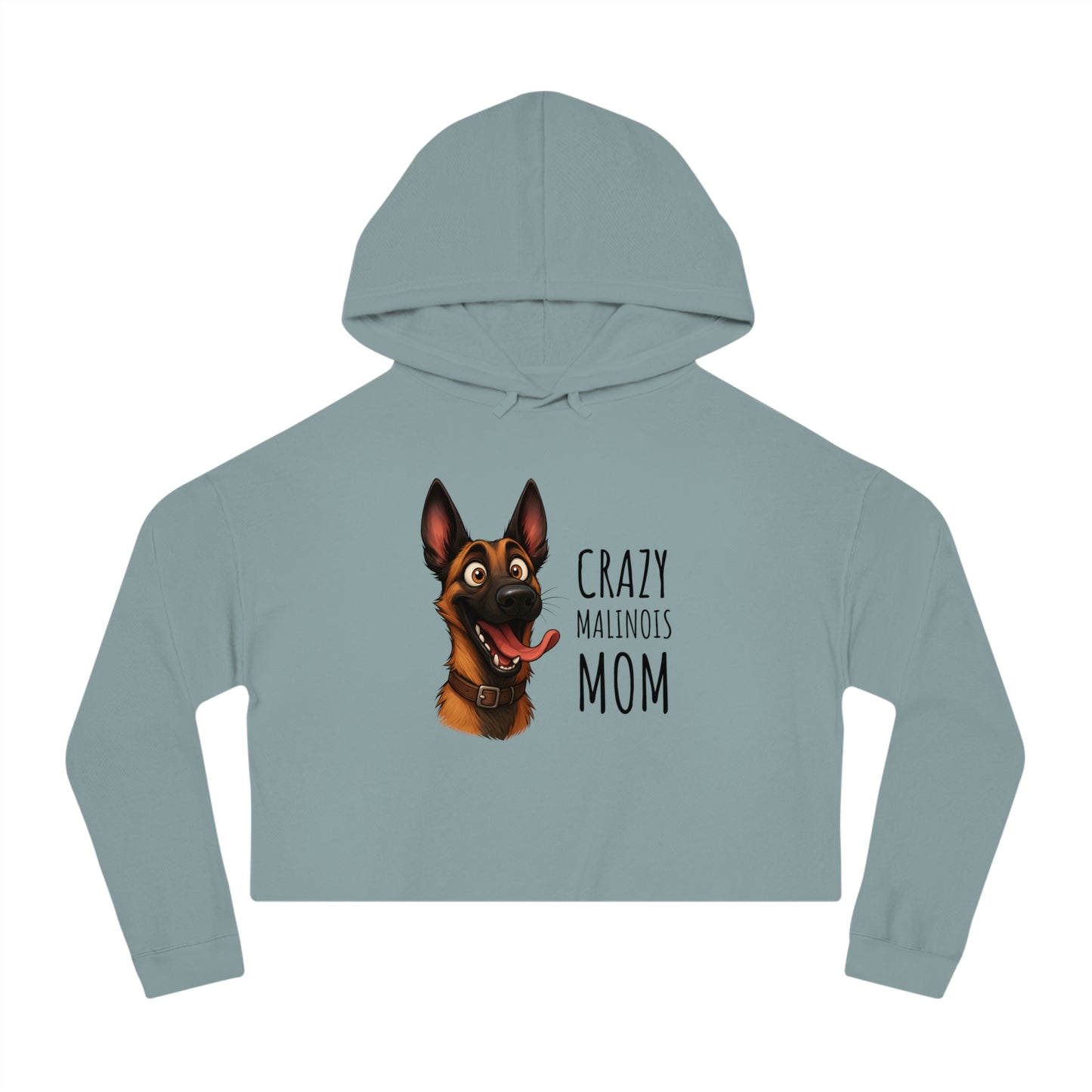 Light blue hoodie with a dog graphic and text on a white background