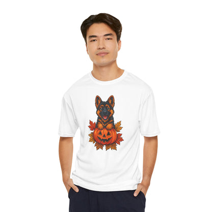 Man wearing a white t-shirt with a graphic design of a German Shepherd dog inside a pumpkin.