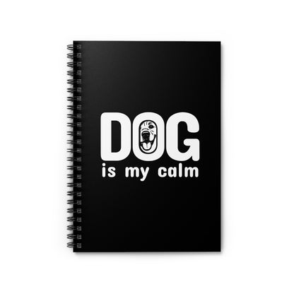 Black notebook with 'DOG is my calm' text on a white background