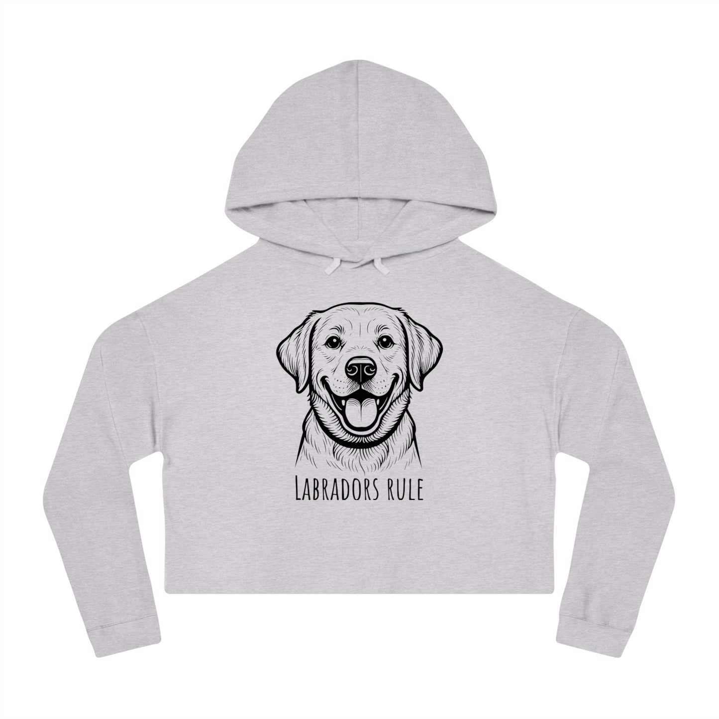 Gray cropped hoodie with a dog illustration and 'Labradors Rule' text on a white background