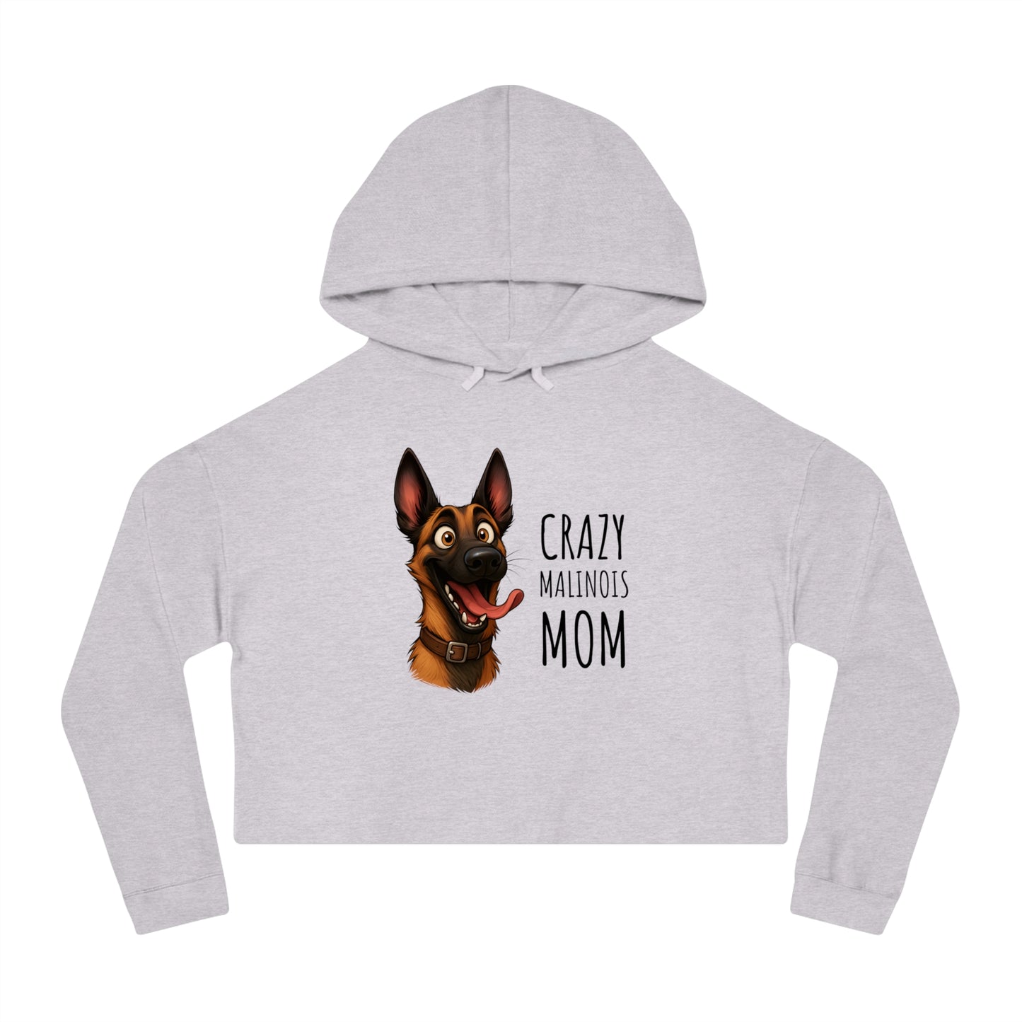 Gray cropped hoodie with a dog graphic and text on a white background