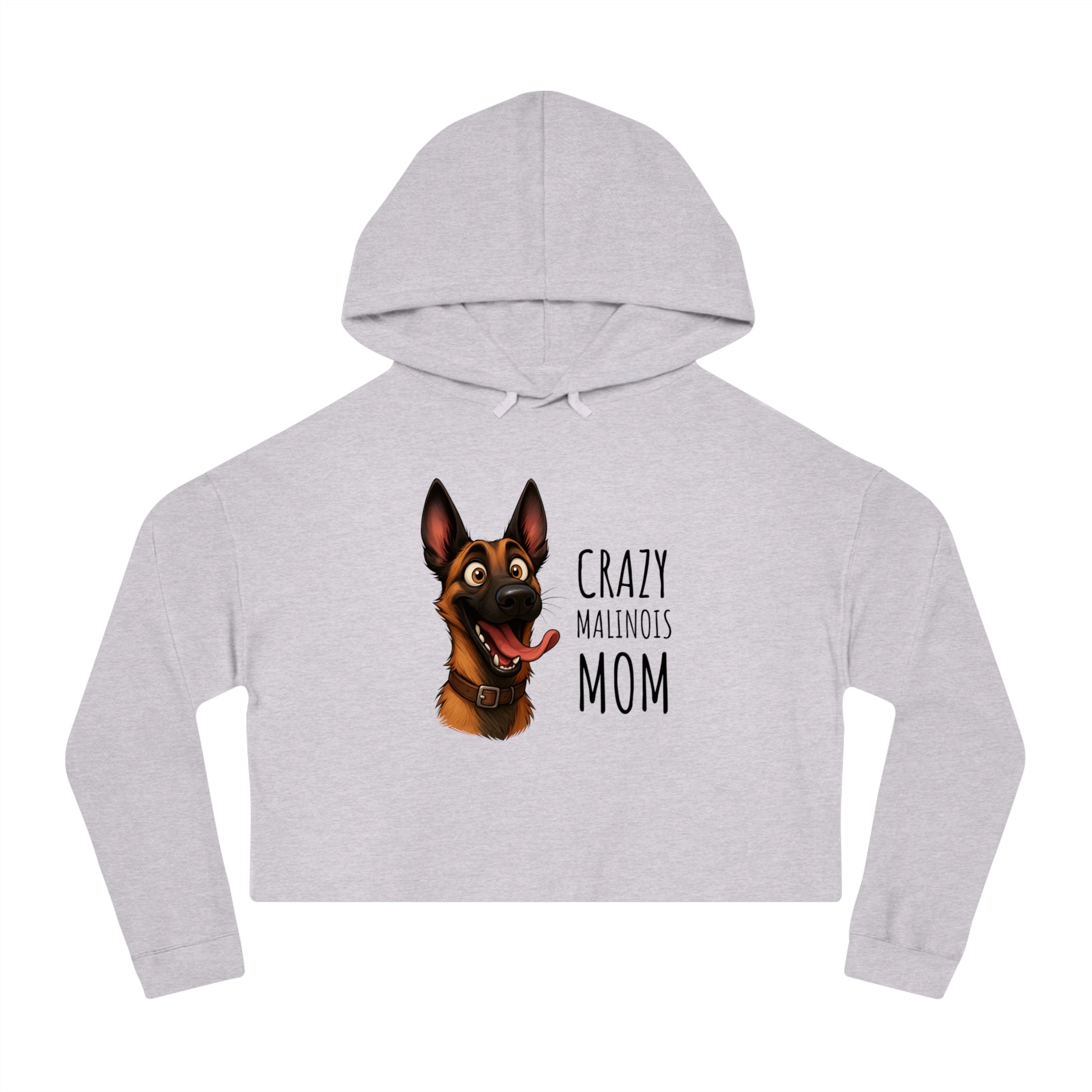 Gray cropped hoodie with a dog graphic and text on a white background