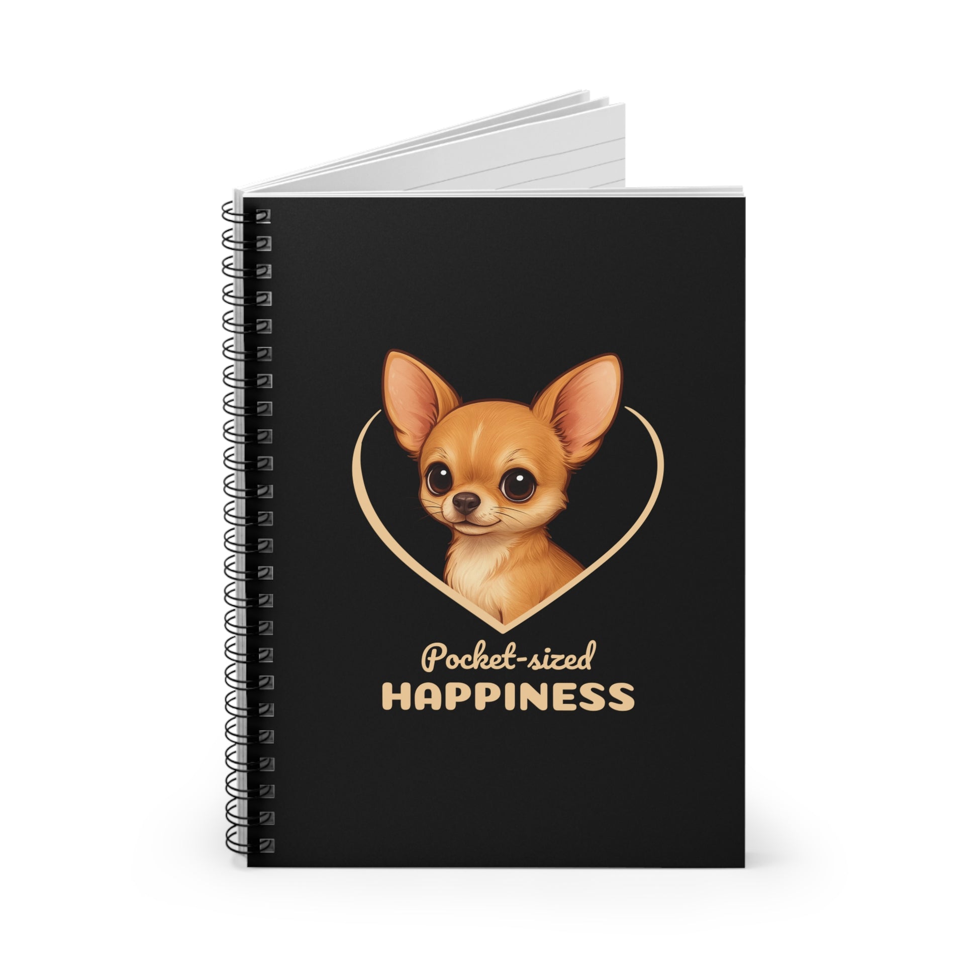 Spiral-bound notebook with a dog illustration and text on a black background