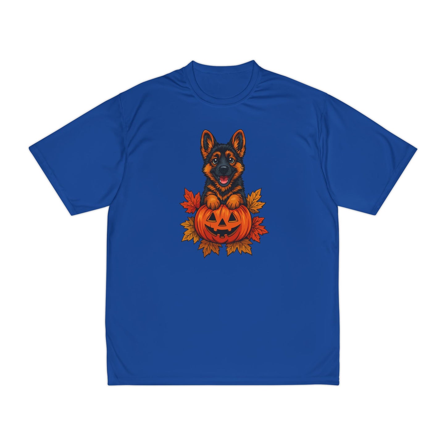Blue t-shirt with a dog and pumpkin design on a white background