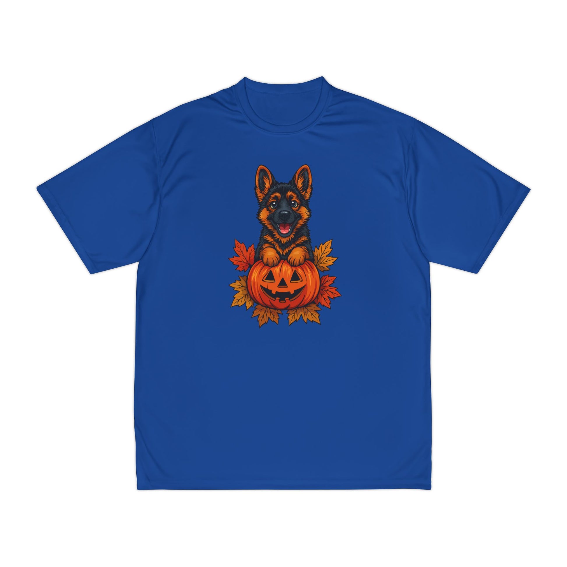 Blue t-shirt with a dog and pumpkin design on a white background