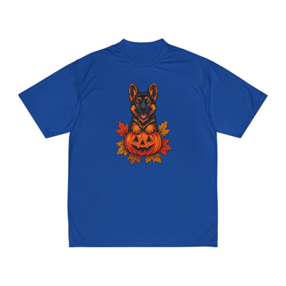 Blue t-shirt with a dog and pumpkin design on a white background