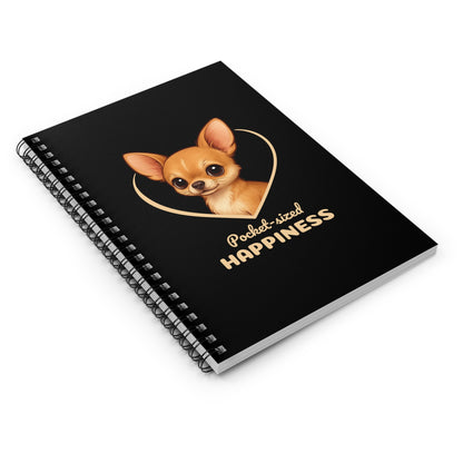 Notebook with a dog illustration and 'Pocket-sized Happiness' text on a black background