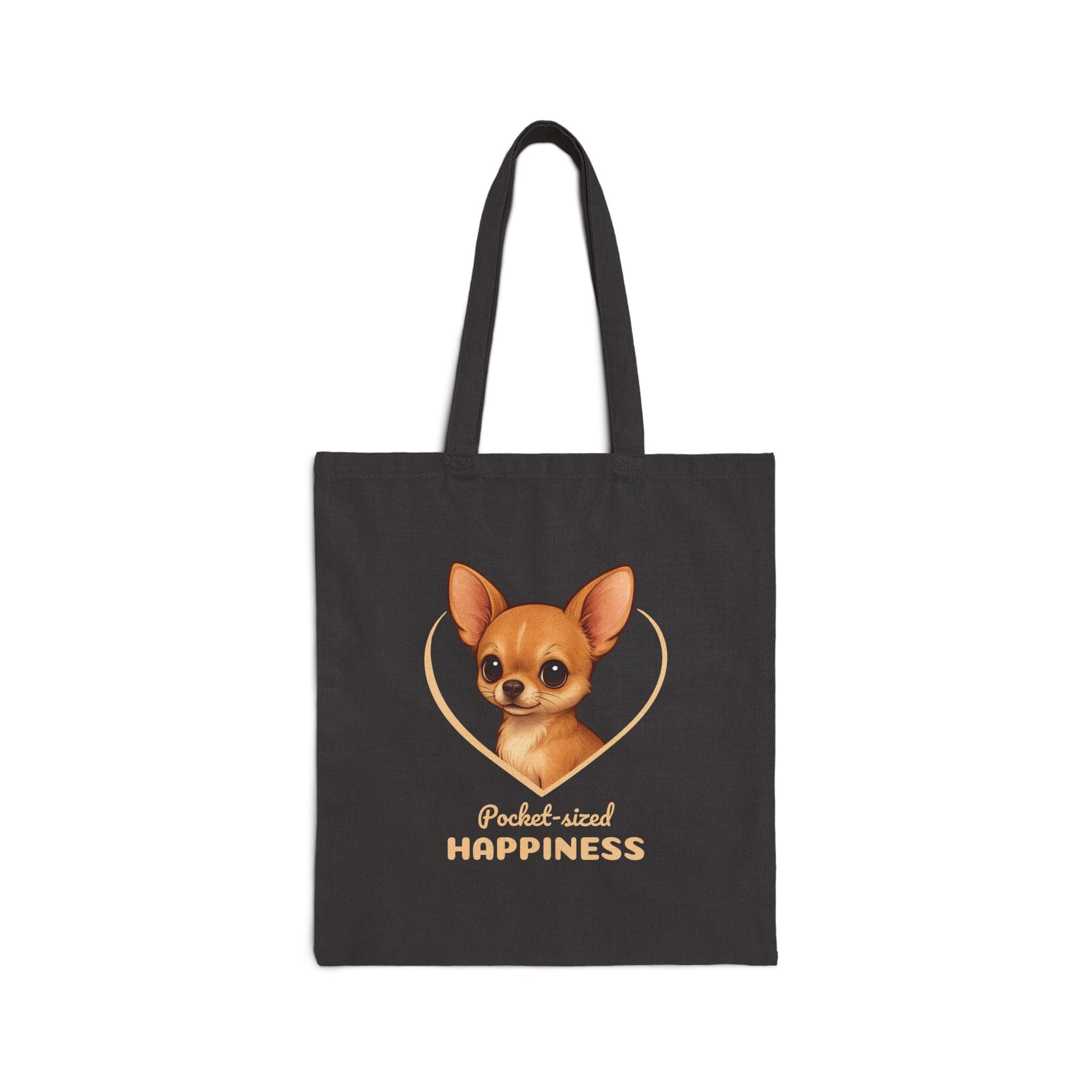 Black tote bag with a dog illustration and 'Pocket-sized Happiness' text on a white background