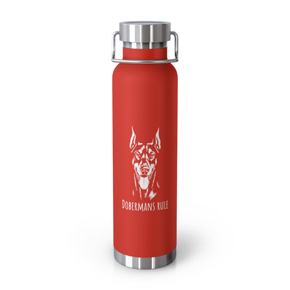 Red water bottle with silver lid and white dog illustration and 'Dobermans Rule' text on a white background