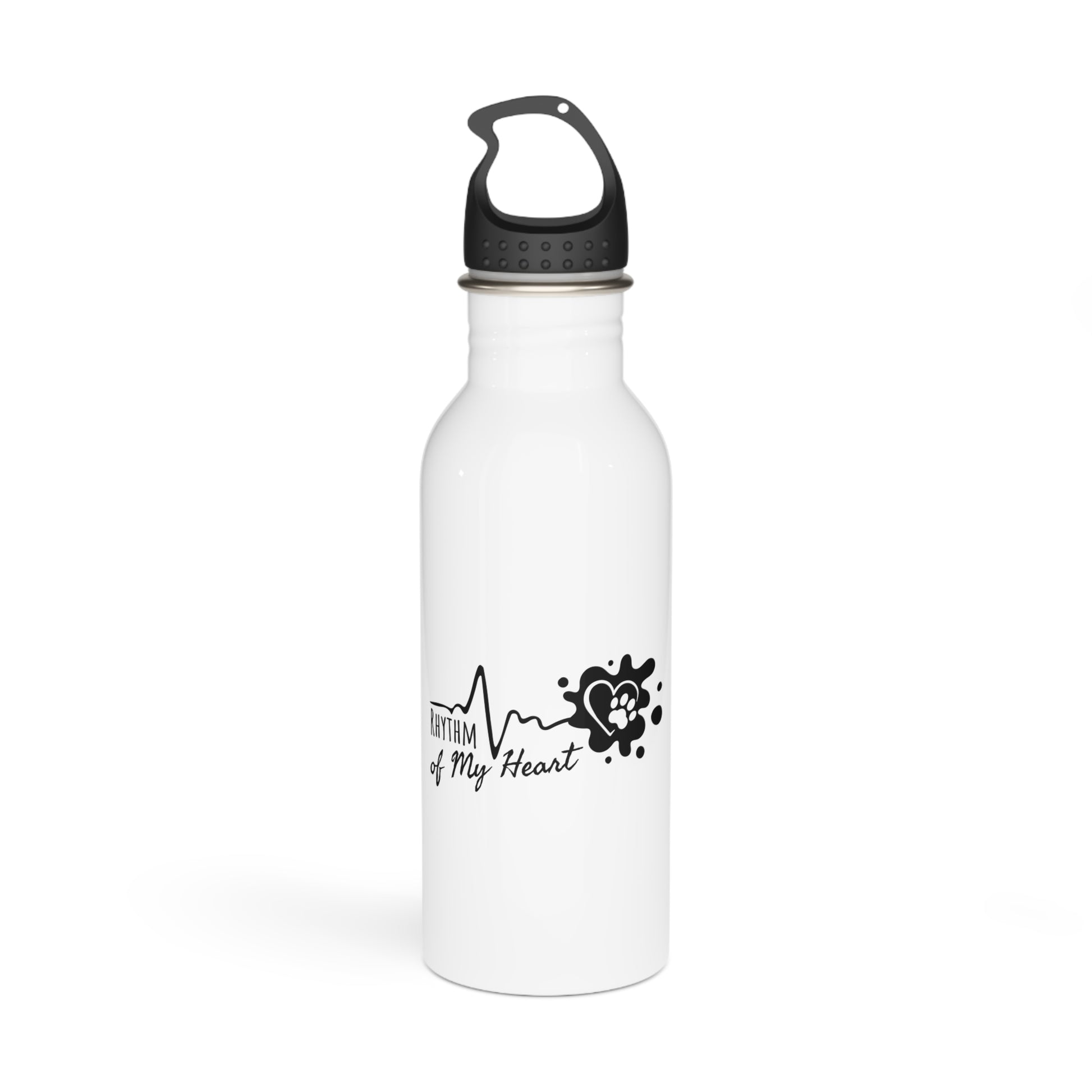 White water bottle with black design and text on a white background