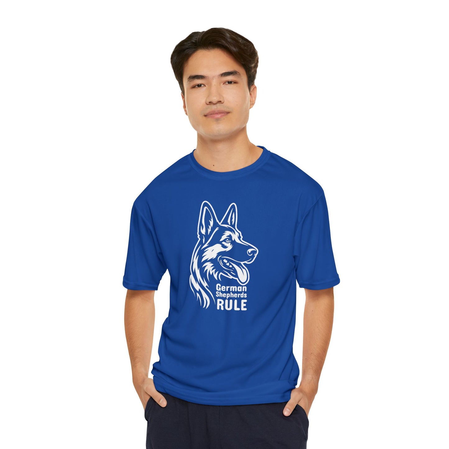 Man wearing a blue t-shirt with a German Shepherd design and text on a white background