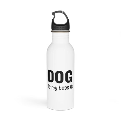 White water bottle with 'DOG is my boss' text on a white background