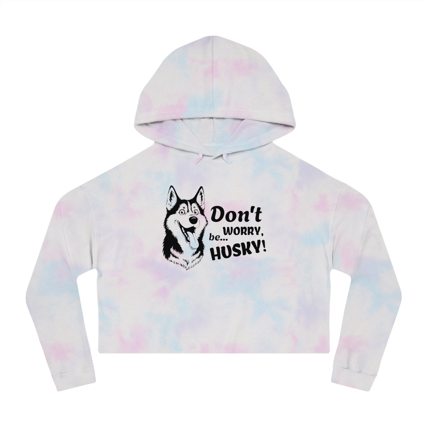 Tie-dye hoodie with husky graphic and text on a white background