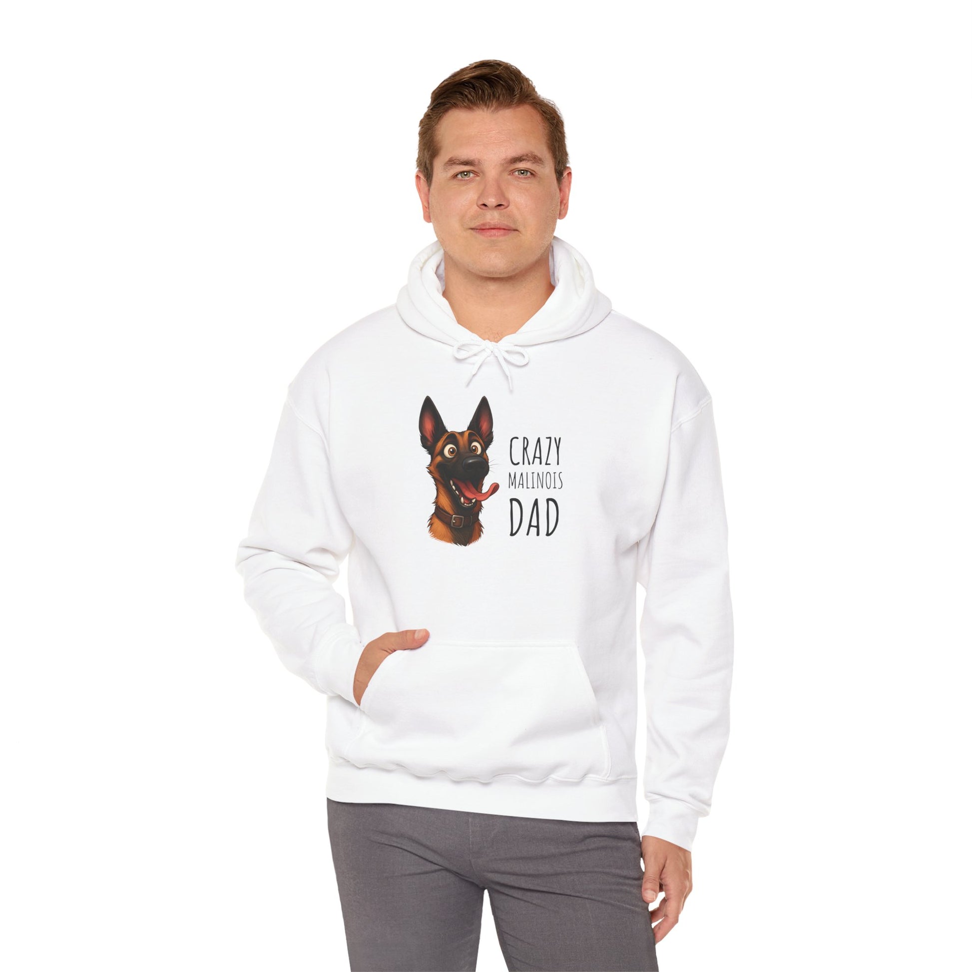 Man wearing a white hoodie with a dog graphic and text on a white background