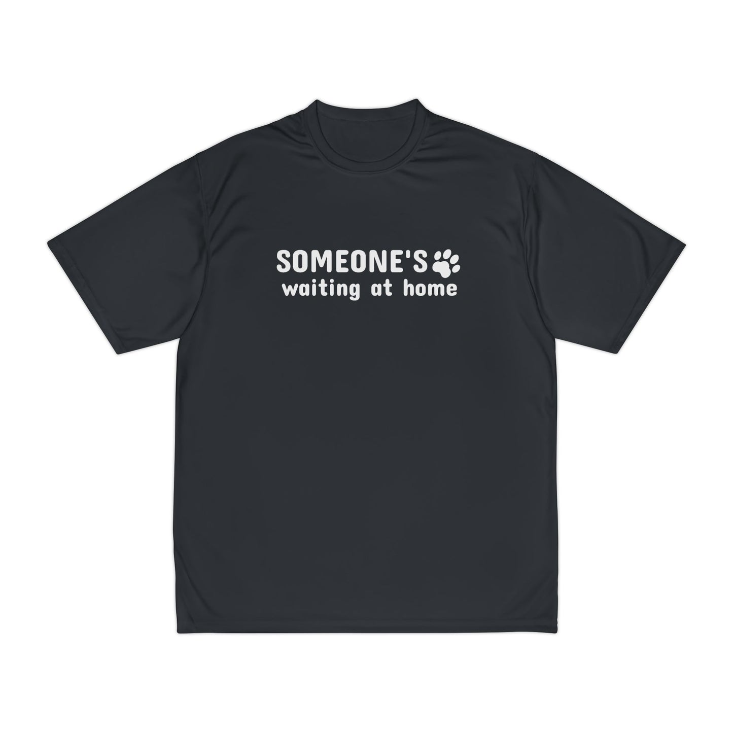 Black t-shirt with 'SOMEONE'S waiting at home' text and paw print on a white background