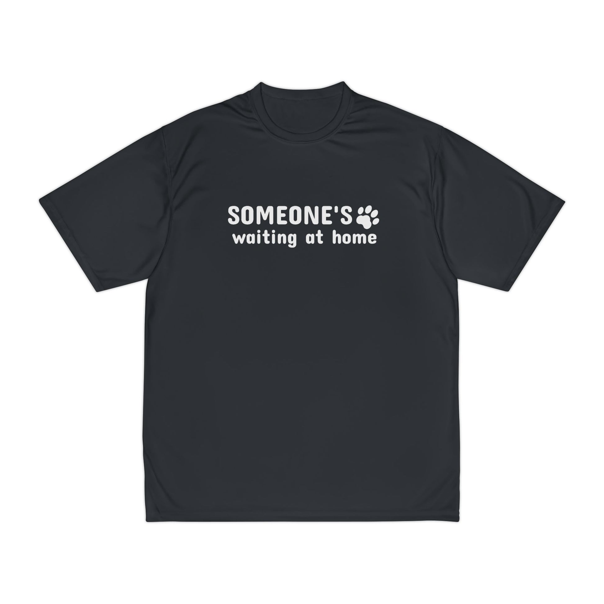 Black t-shirt with 'SOMEONE'S waiting at home' text and paw print on a white background