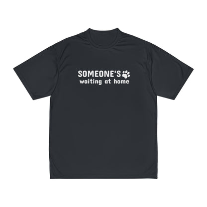 Black t-shirt with 'SOMEONE'S waiting at home' text and paw print on a white background