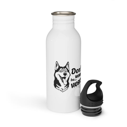 White water bottle with husky design and text on a white background