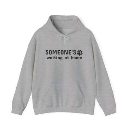 Gray hoodie with text 'SOMEONE'S waiting at home' on a white background