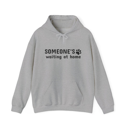 Gray hoodie with text 'SOMEONE'S waiting at home' on a white background