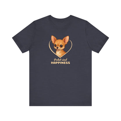 Navy blue t-shirt with a dog illustration and text on a white background