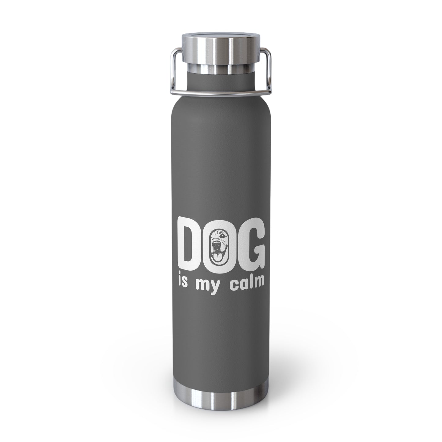 Gray water bottle with 'DOG is my calm' text on a white background