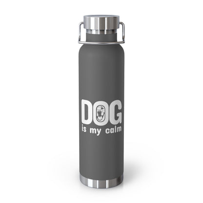 Gray water bottle with 'DOG is my calm' text on a white background
