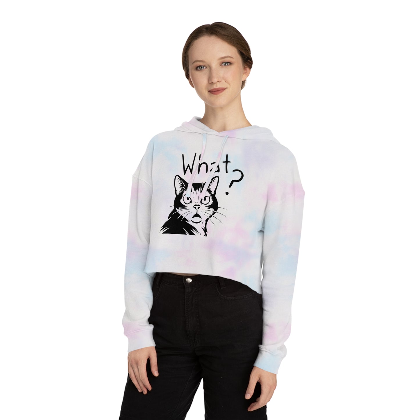 Person wearing a tie-dye hoodie with a cat graphic and text on a white background