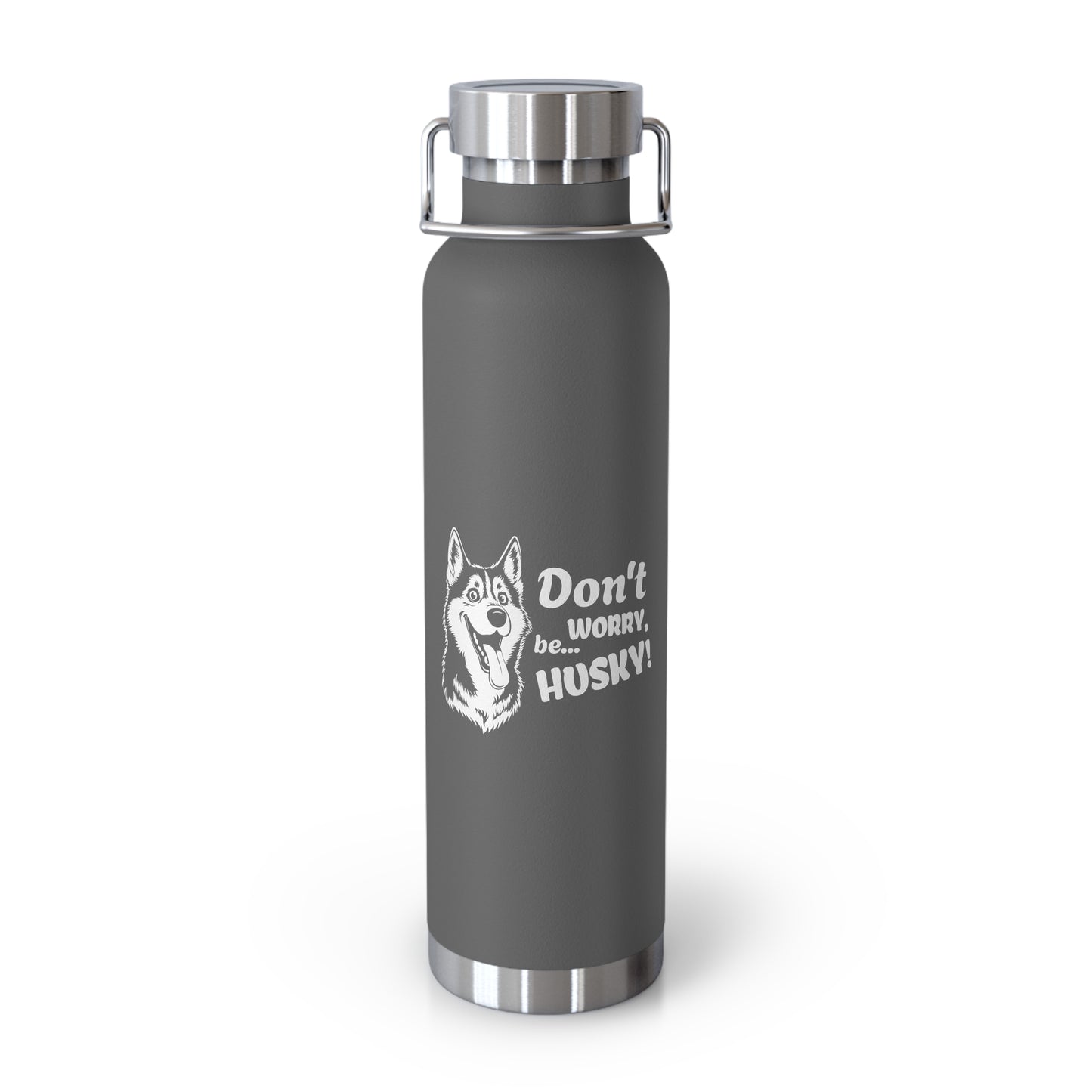 Gray water bottle with husky design and text on a white background