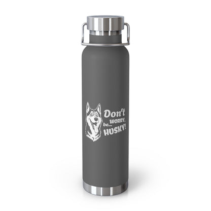 Gray water bottle with husky design and text on a white background
