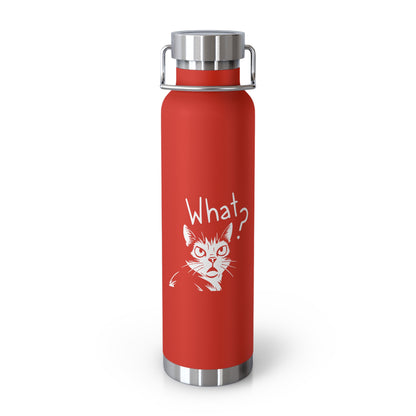 Red water bottle with a cat illustration and 'What?' text on a white background