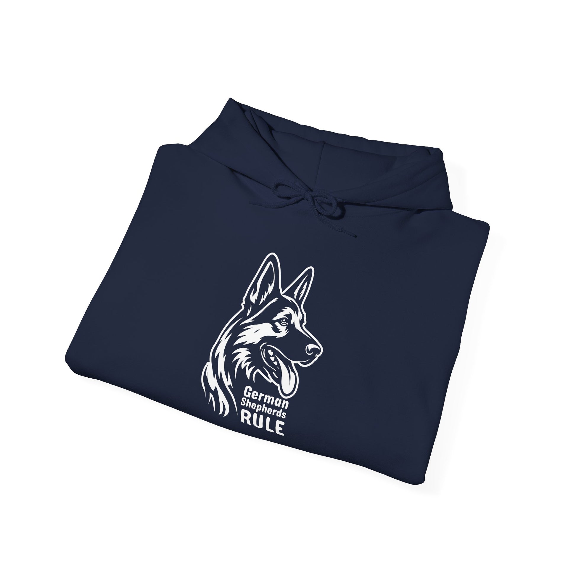 Folded navy blue hoodie with a white German Shepherd design and 'German Shepherd Rule' text on a white background