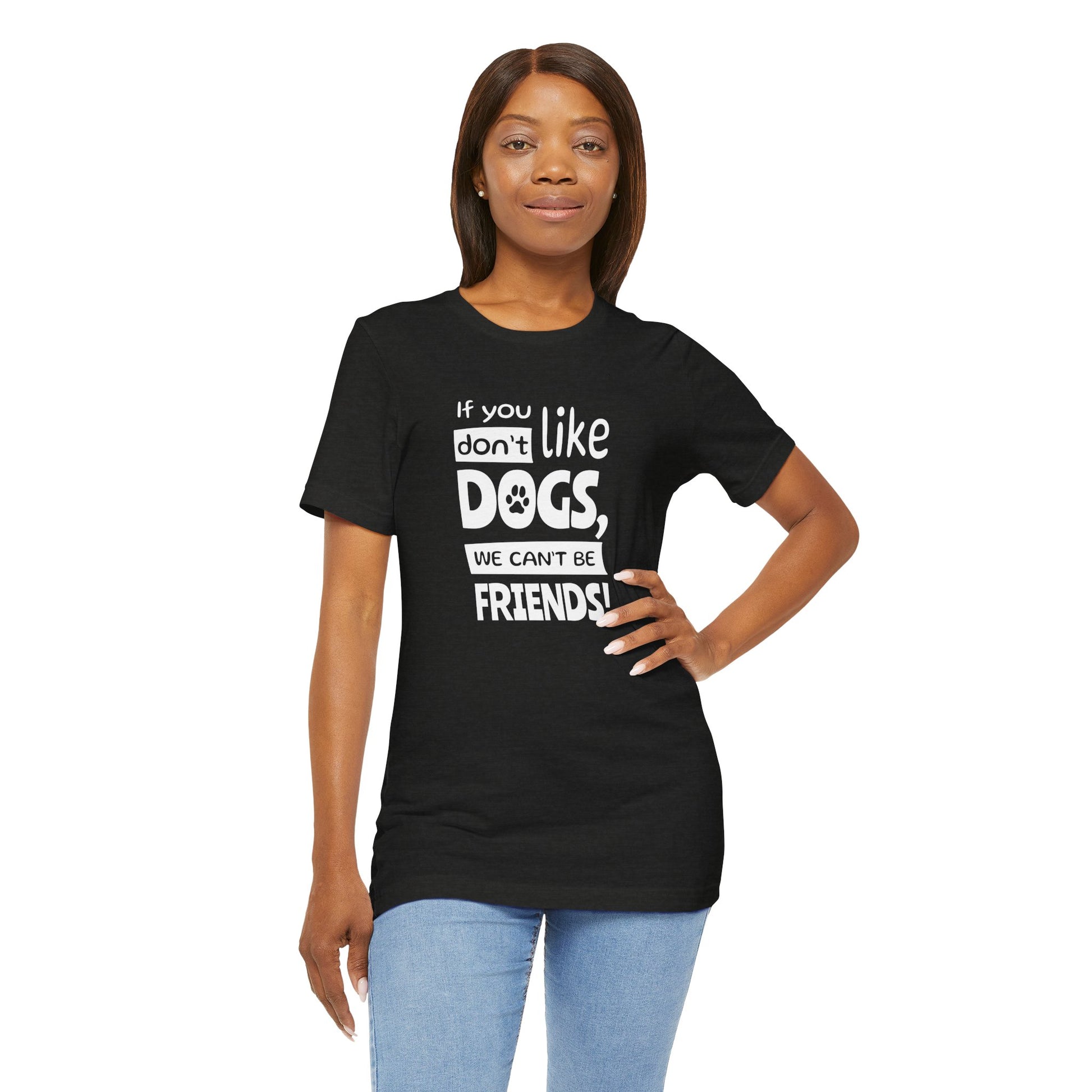 Woman wearing a black t-shirt with a humorous dog-themed message.