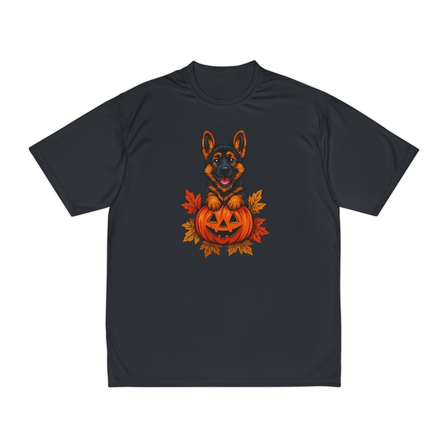 Black t-shirt with a German Shepherd and pumpkin design on a white background