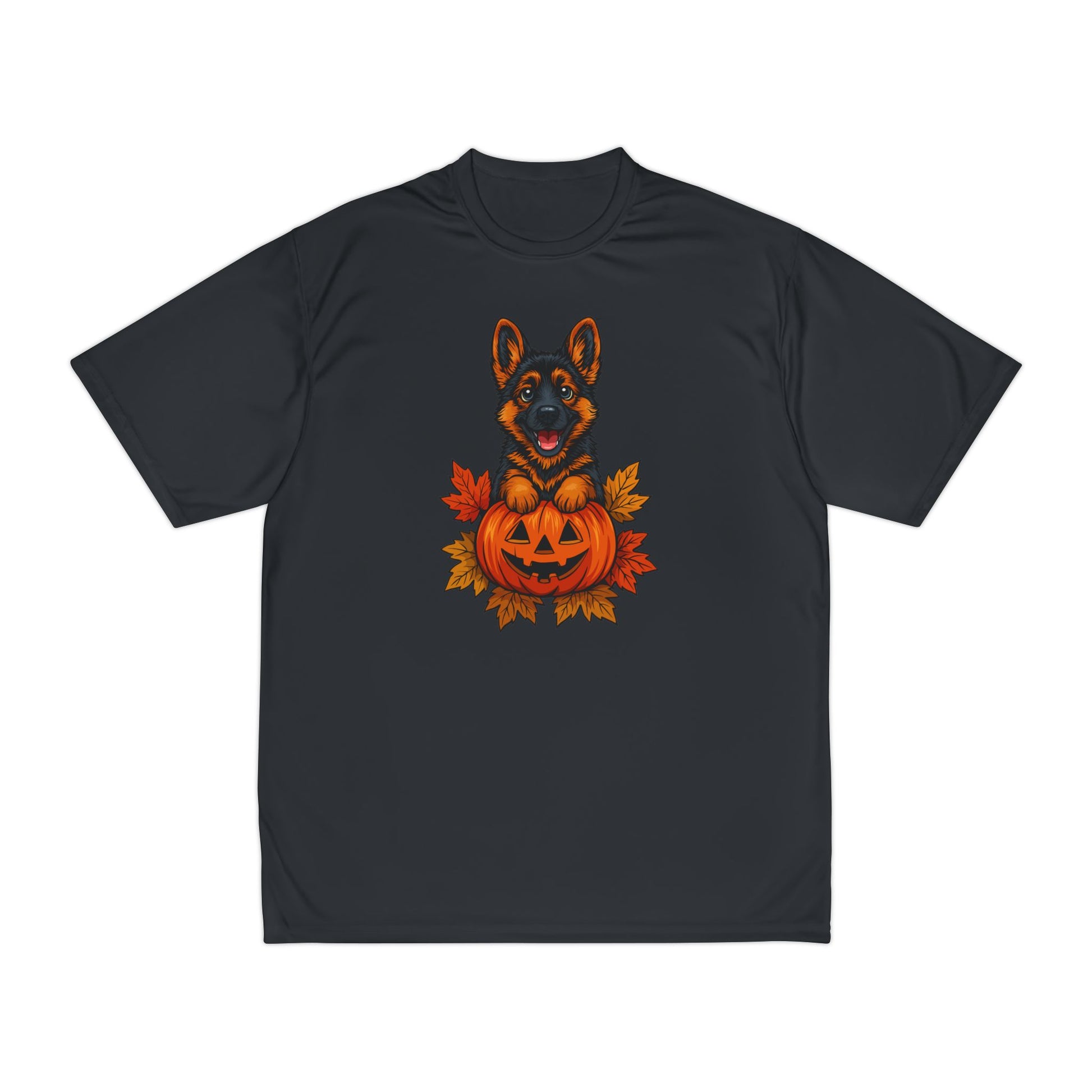 Black t-shirt with a German Shepherd and pumpkin design on a white background