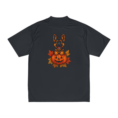 Black t-shirt with a German Shepherd and pumpkin design on a white background