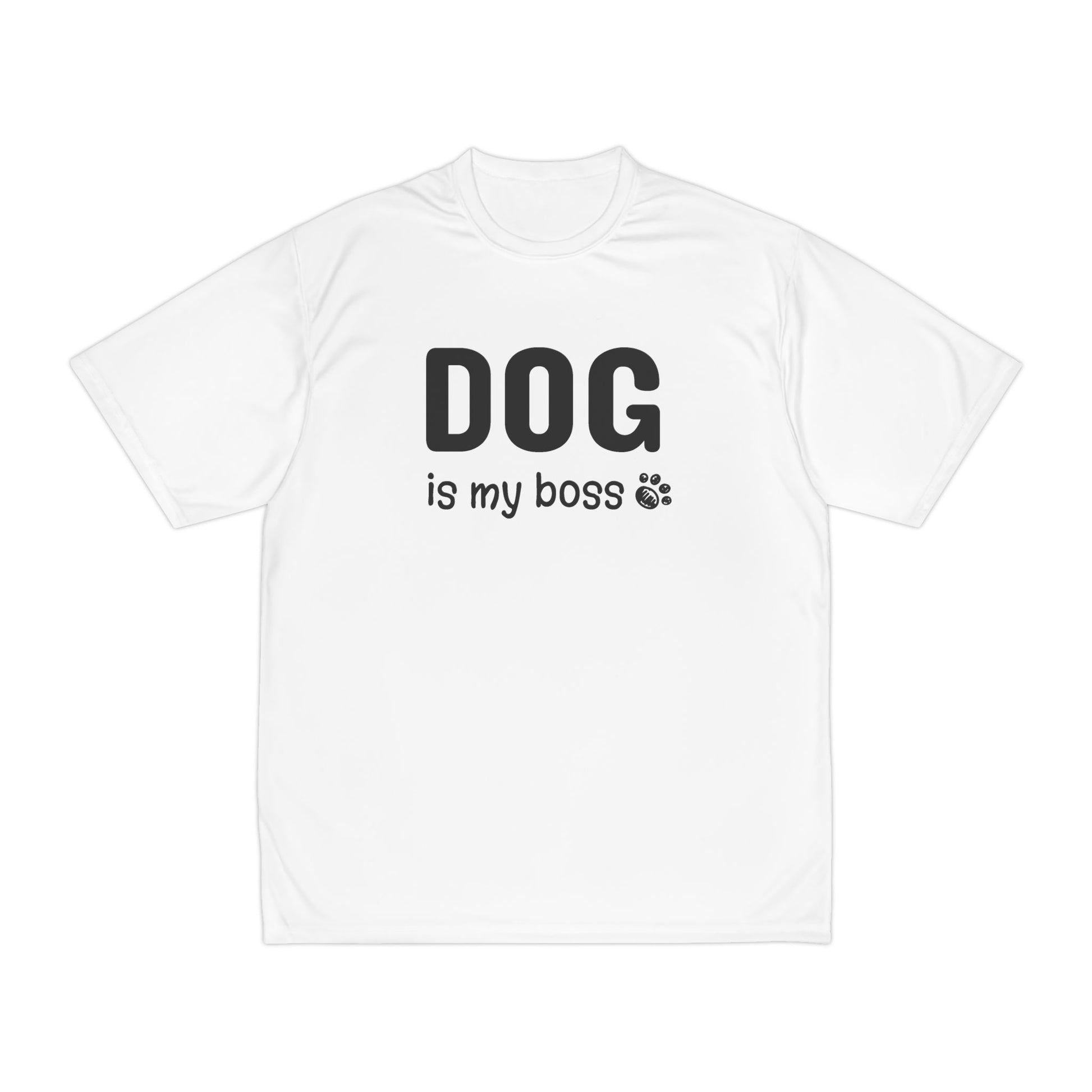 White t-shirt with 'DOG is my boss' text on a white background