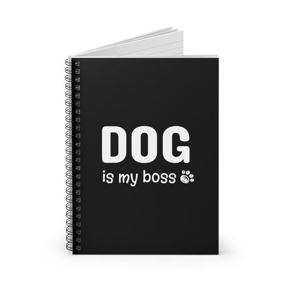 Black notebook with 'DOG is my boss' text on a white background