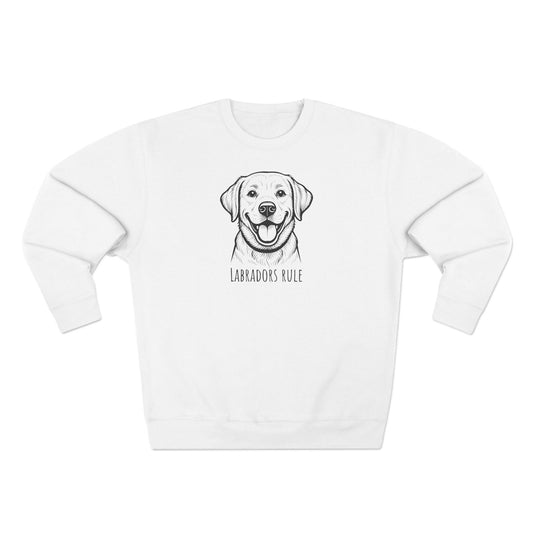 White sweatshirt with a dog illustration and 'Labradors Rule' text on a white background