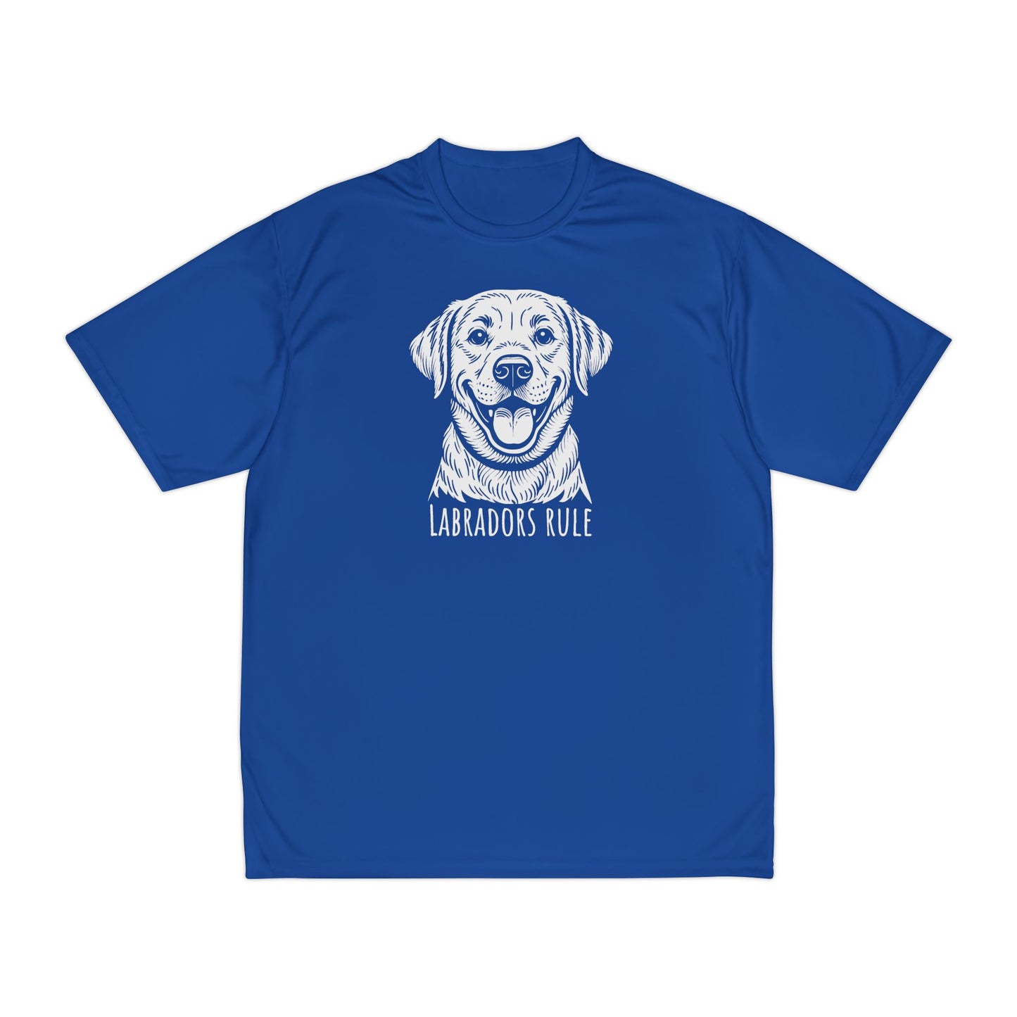 Blue t-shirt with a white labrador graphic and 'Labradors Rule' text on a white background