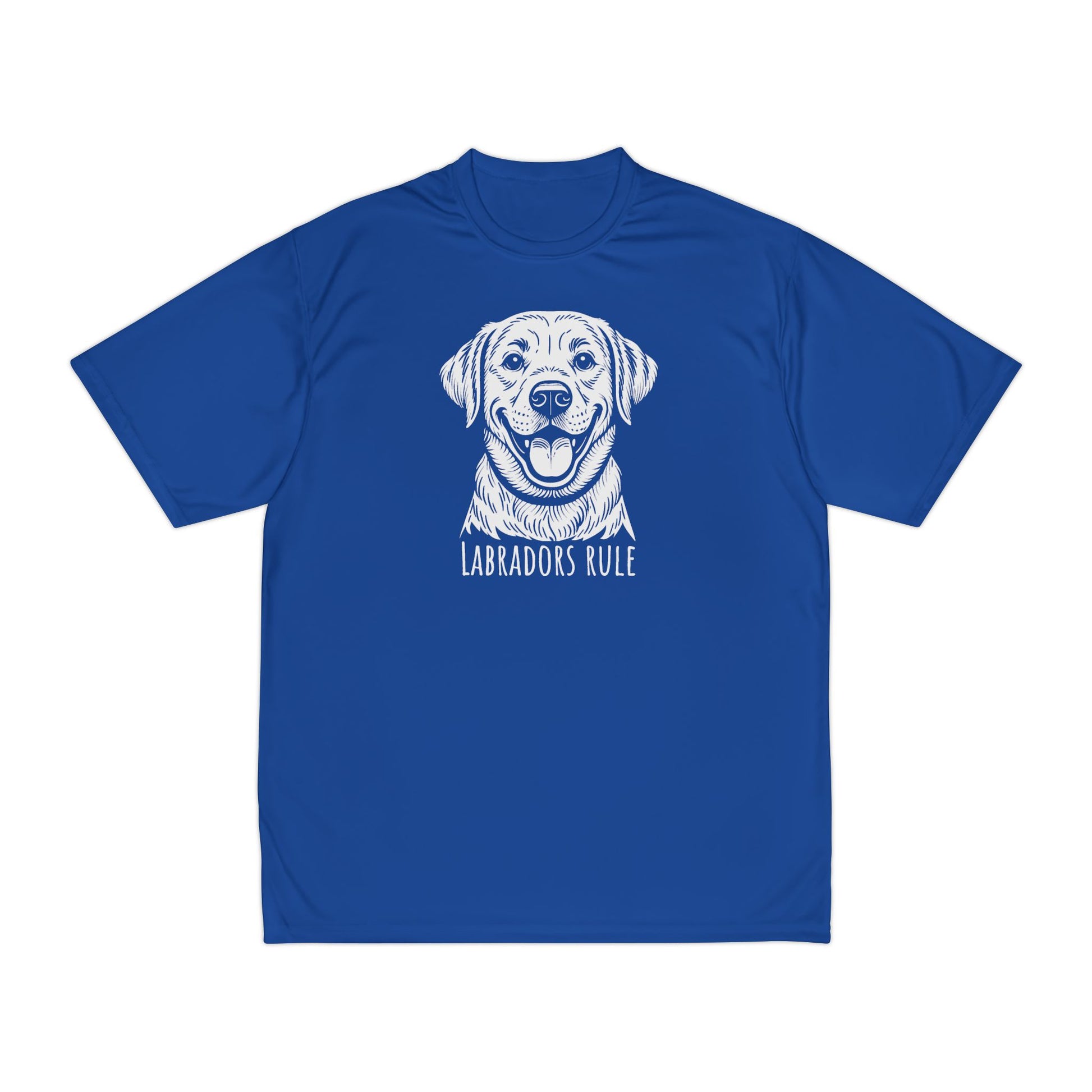 Blue t-shirt with a white labrador graphic and 'Labradors Rule' text on a white background