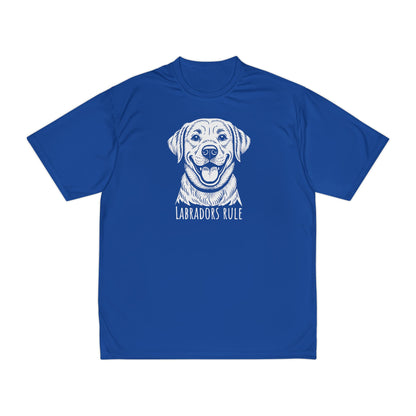Blue t-shirt with a white labrador graphic and 'Labradors Rule' text on a white background