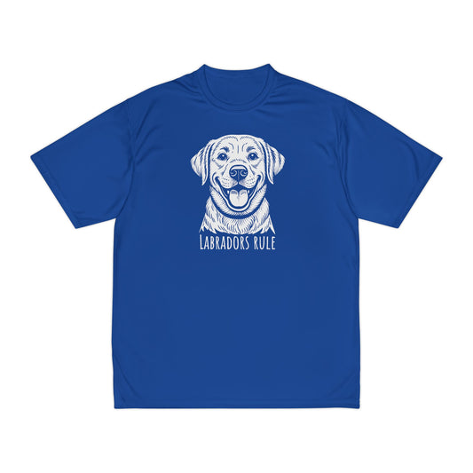 Blue t-shirt with a white labrador graphic and 'Labradors Rule' text on a white background