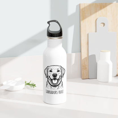 White water bottle with a black and white illustration of a dog and 'Labradors Rule' text, placed on a light surface.