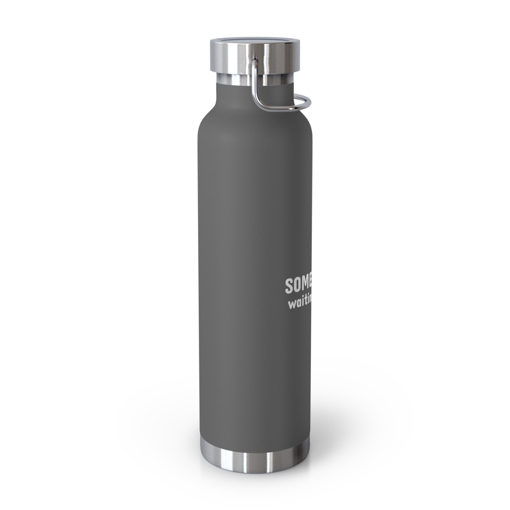 Gray water bottle with silver cap on a white background