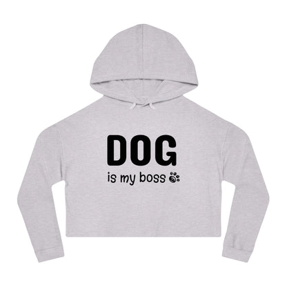 Gray cropped hoodie with 'DOG is my boss' text on a white background
