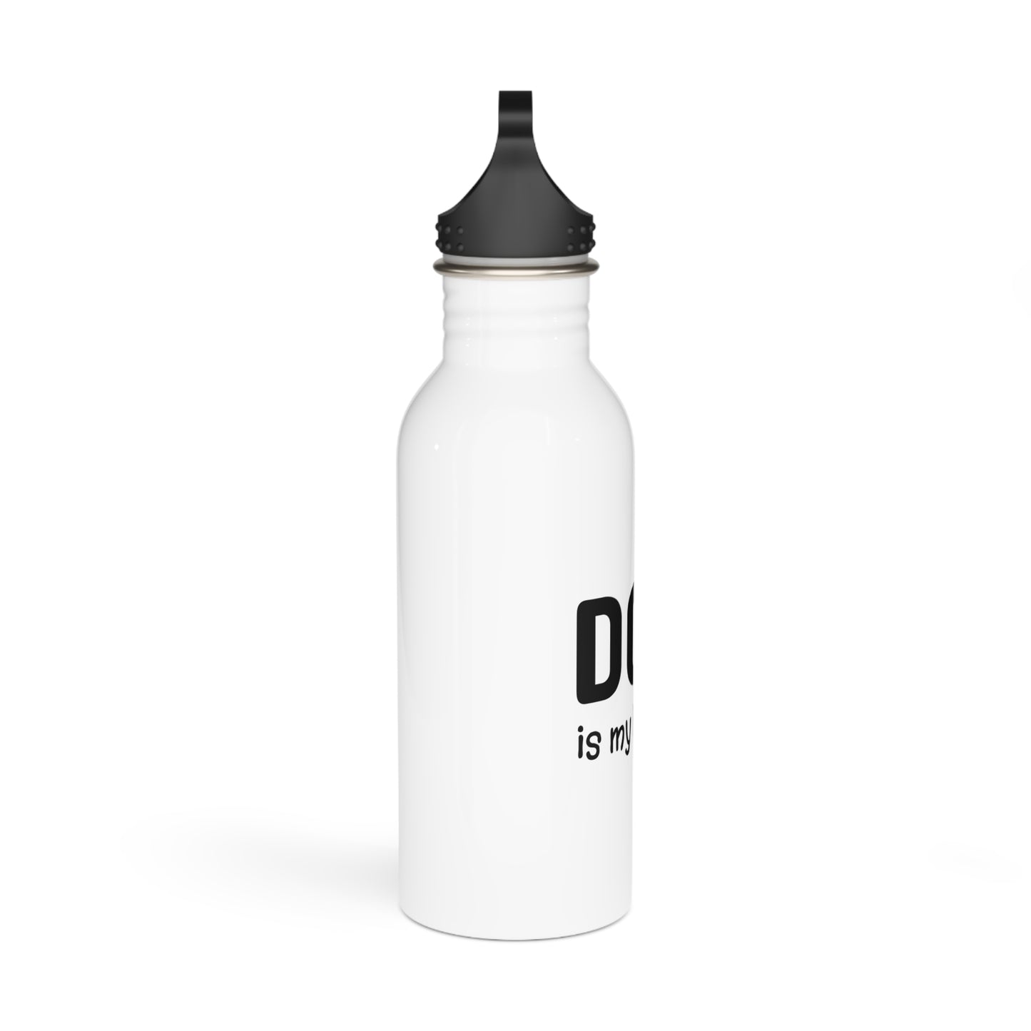 White water bottle with black cap and text on a white background