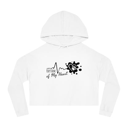 White hoodie with 'Rhythm of My Heart' design on a white background