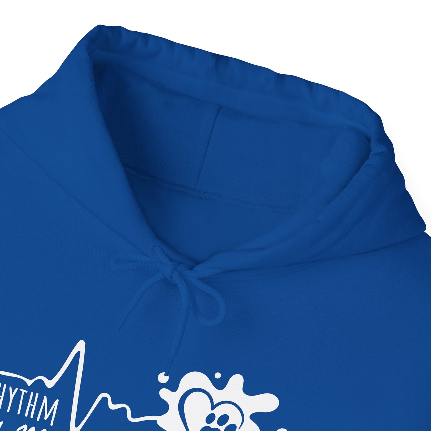 Blue hoodie with white graphics and text on a white background